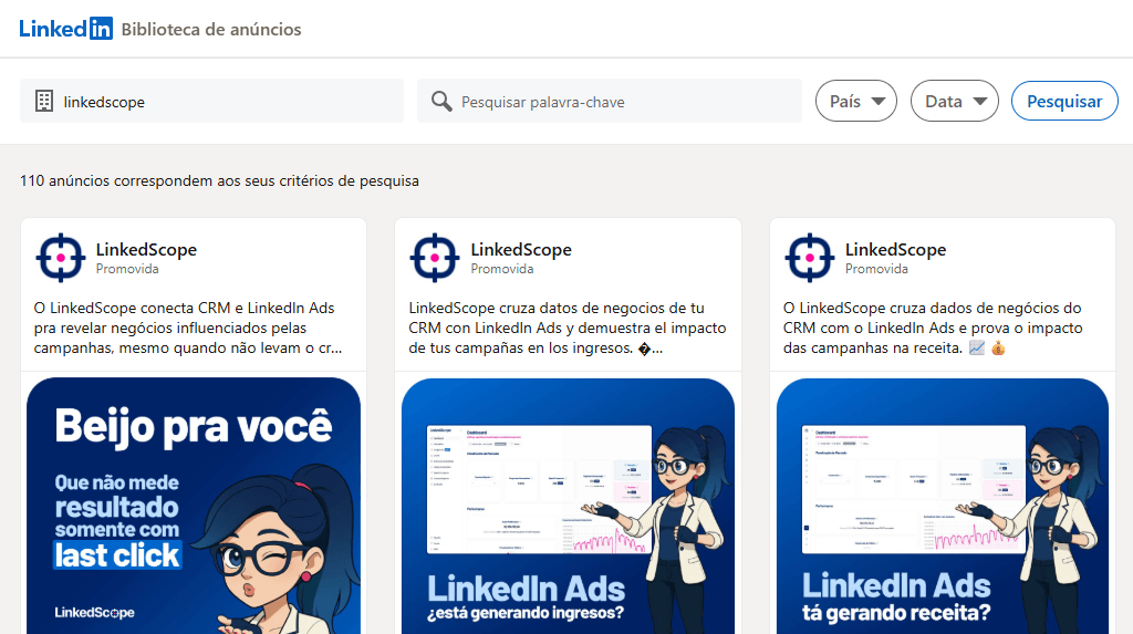 Tela da biblioteca de anúncios do LinkedIn Ads