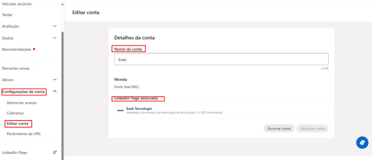 Vinculação de conta à empresa no LinkedIn Ads