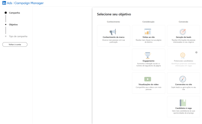 Seleção dos objetivos de um anúncio no LinkedIn Ads
