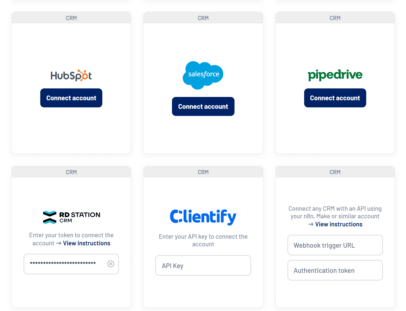 LinkedScope CRM integrations: HubSpot, Salesforce, Pipedrive, RD Station, Clientify and any CRM via webhook