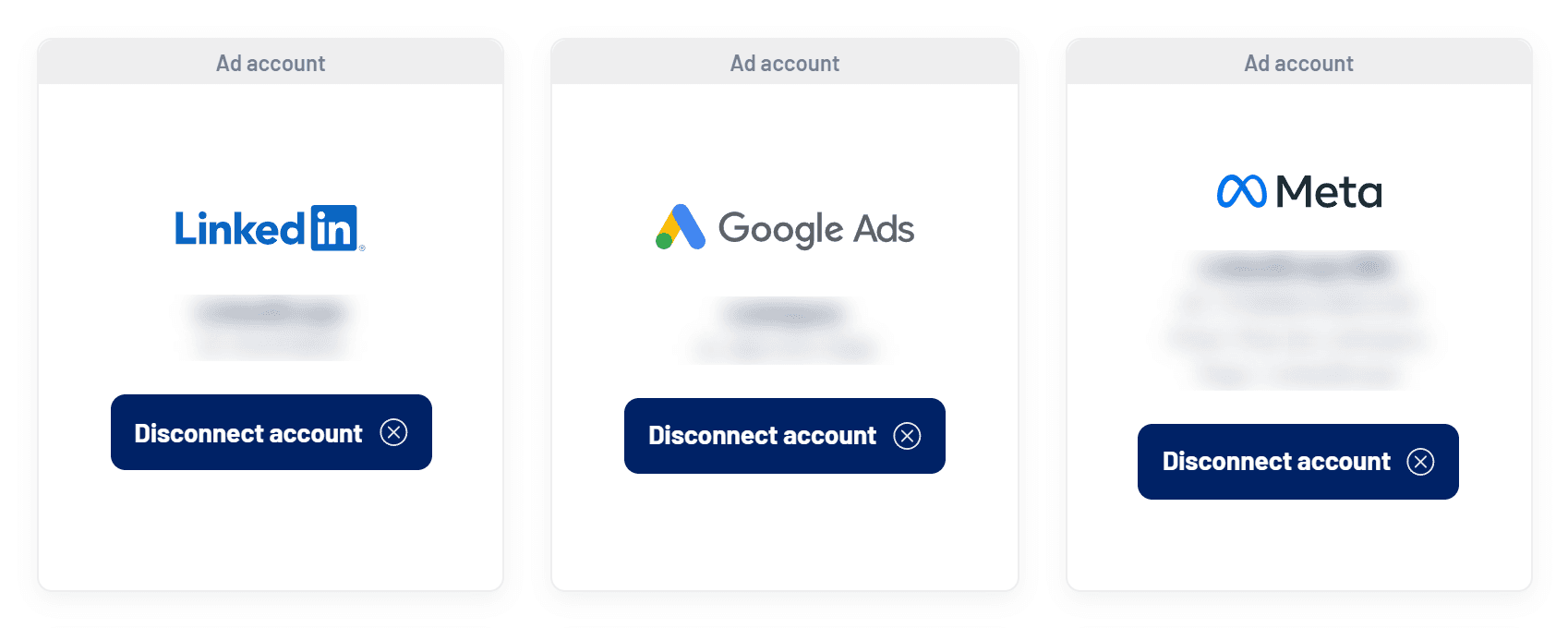 LinkedIn, Google Ads and Meta cards in Settings > Integrations (details hidden)