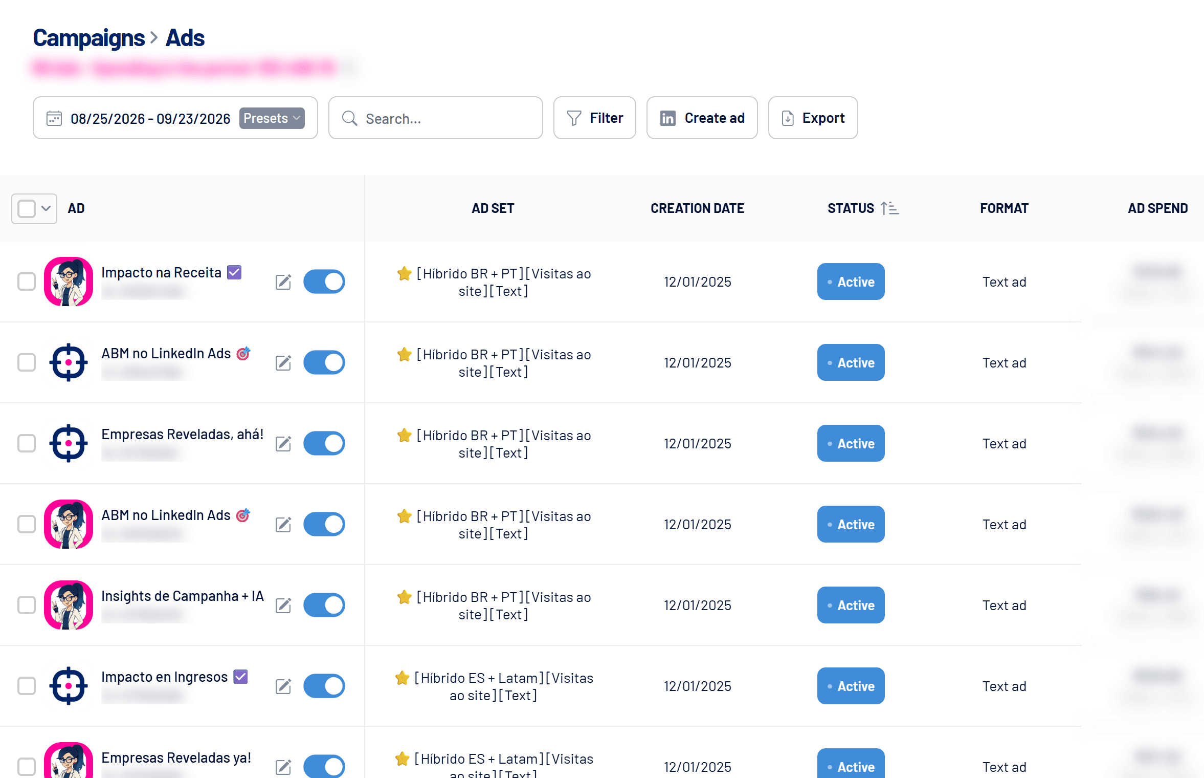 Ads screen inside Campaigns