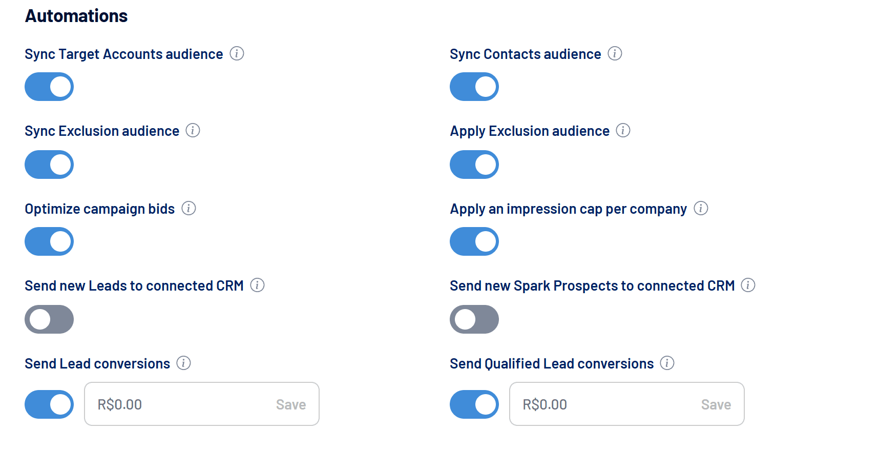 Automations section in Settings > Account, with the CRM send switches