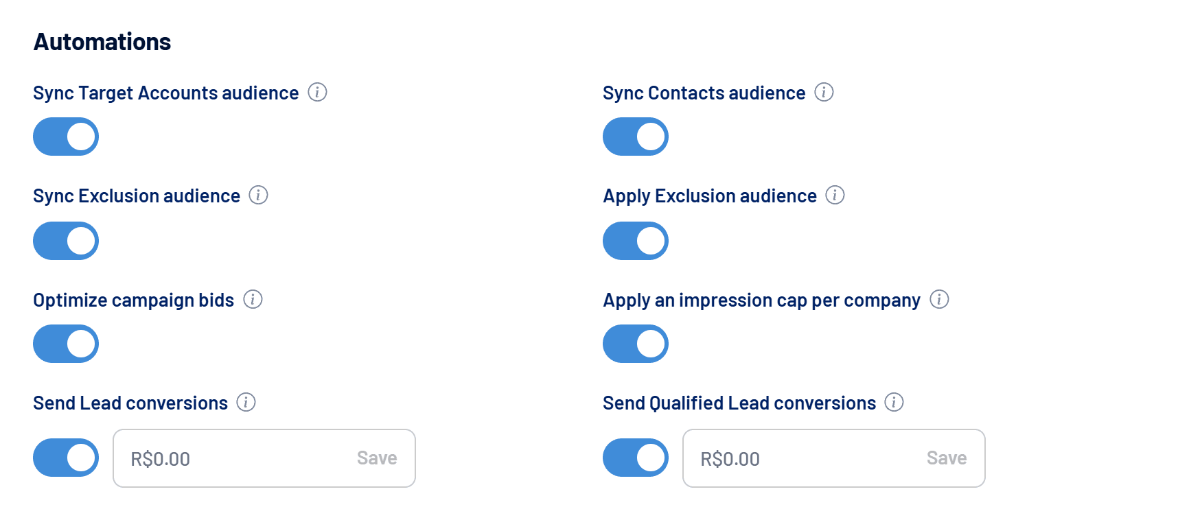 Automations section in Settings > Account