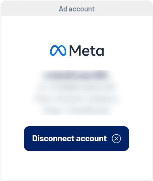 Connected Meta card with account, Pixel and Page (details hidden)
