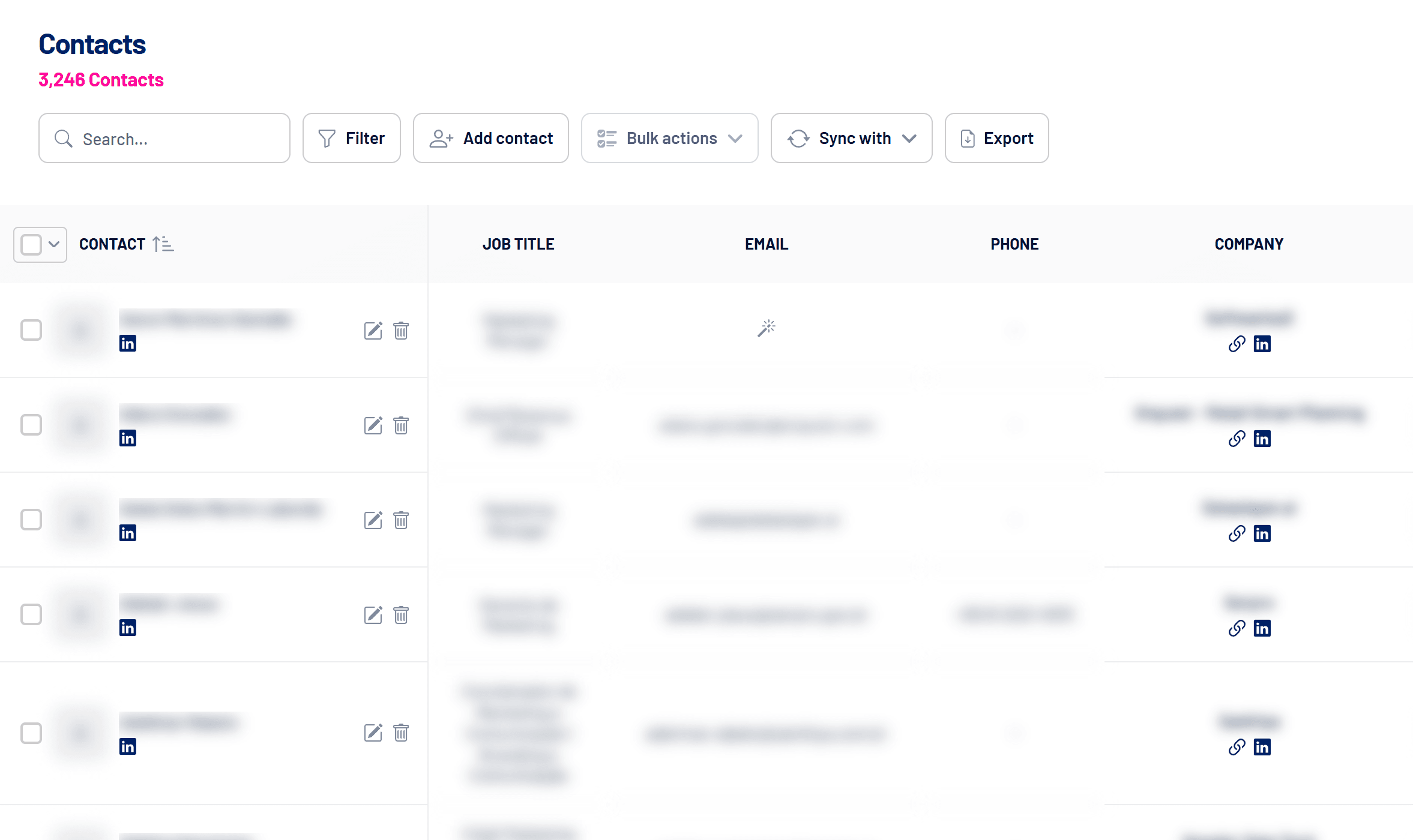 Contacts screen with title, email, phone and company (data hidden)