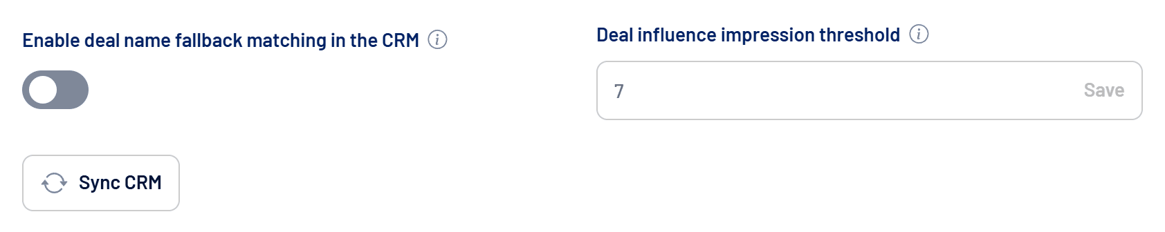 CRM options: deal name fallback, impression threshold and Sync CRM