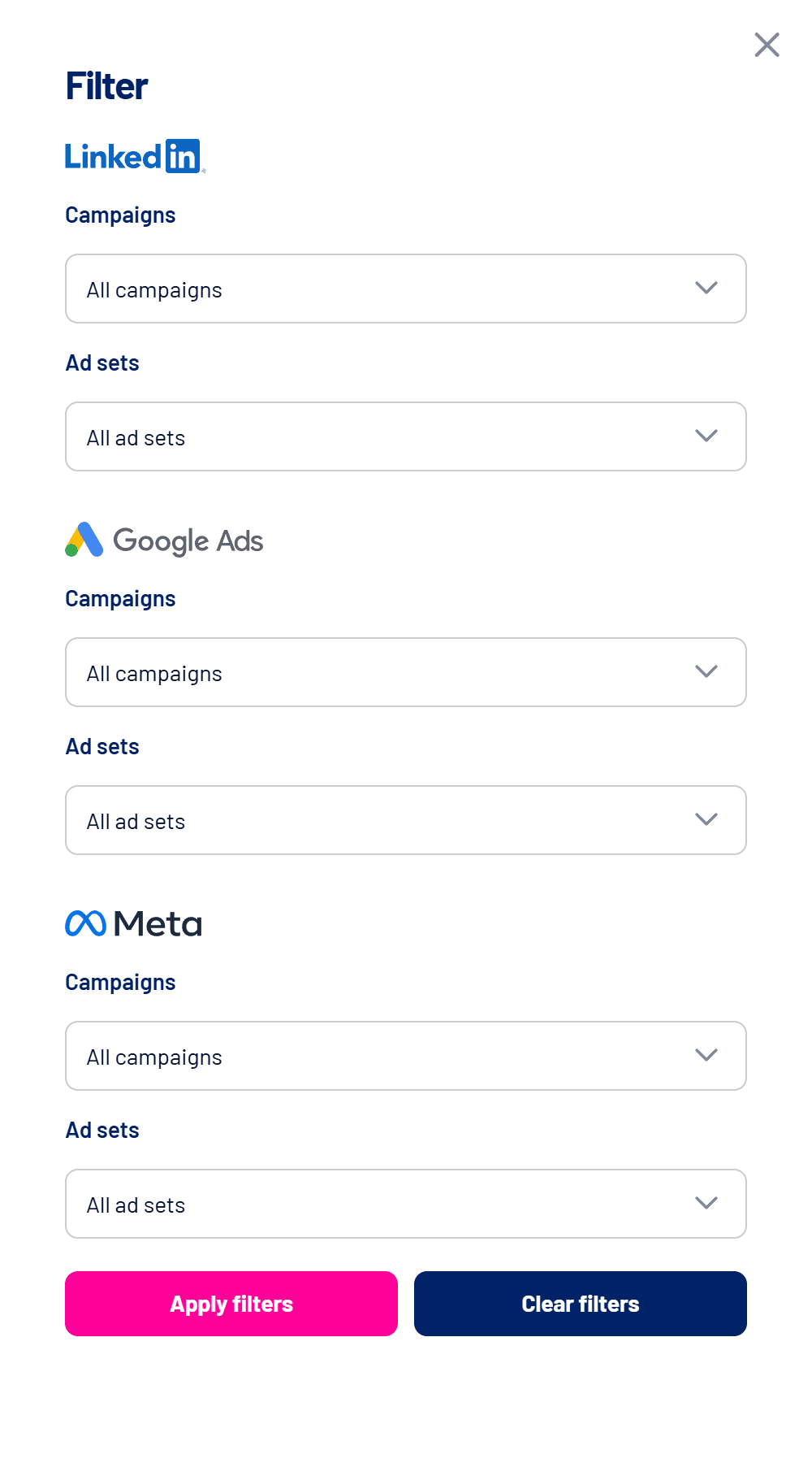 Dashboard Filter panel with campaigns and ad sets per network