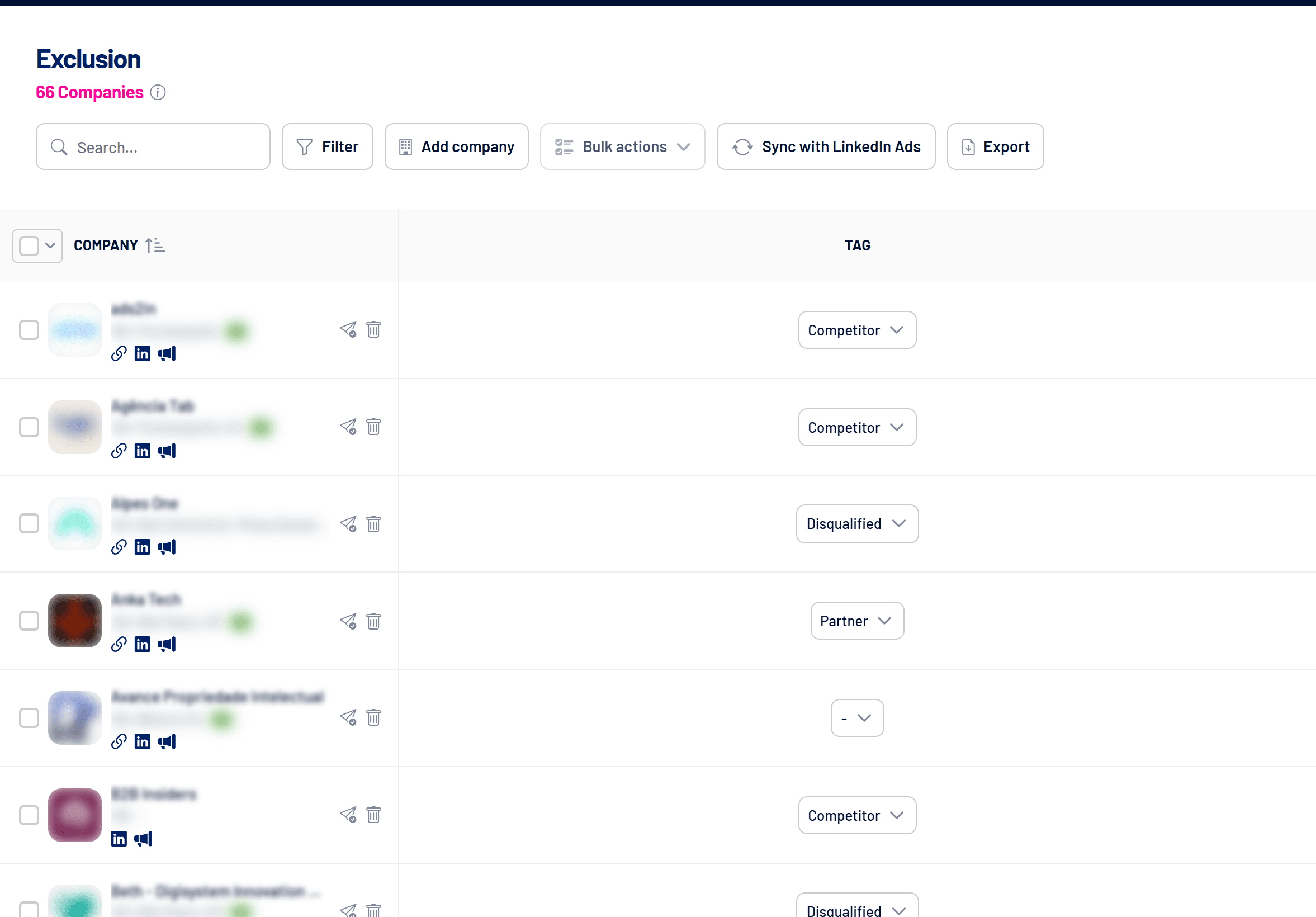 Exclusion screen with each company's tag (names hidden)