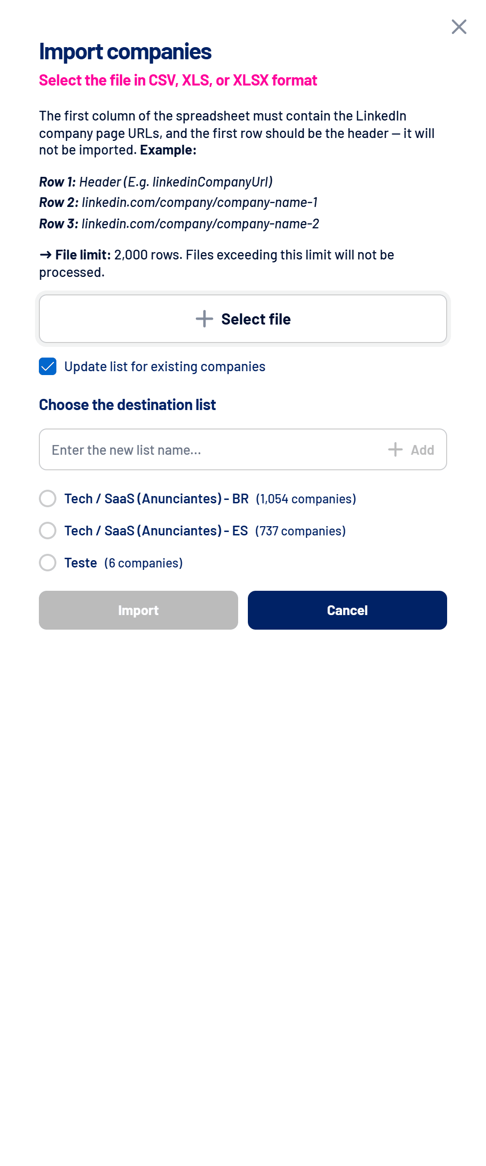 Import companies window with the spreadsheet format