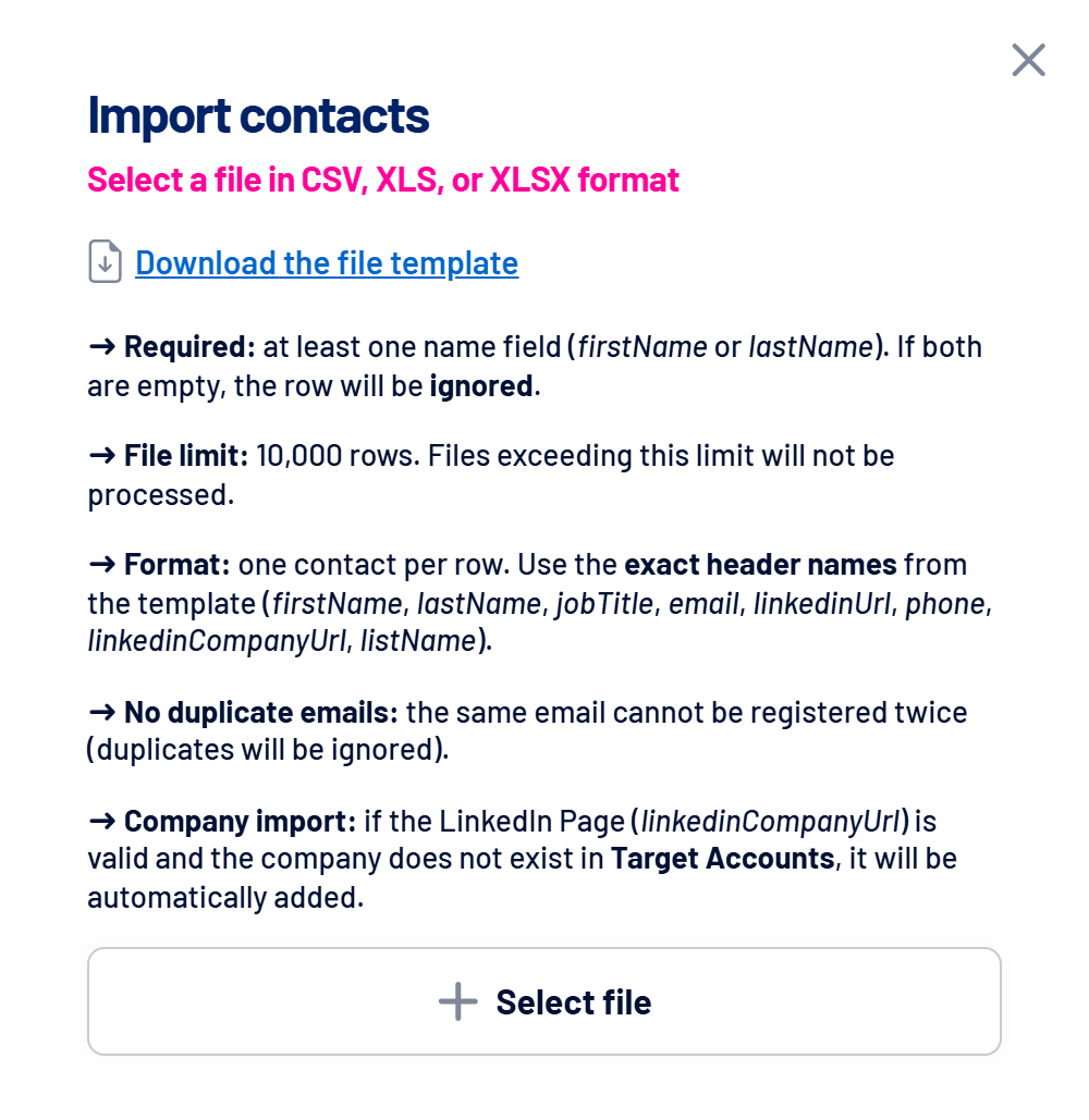 Import contacts window with the file rules