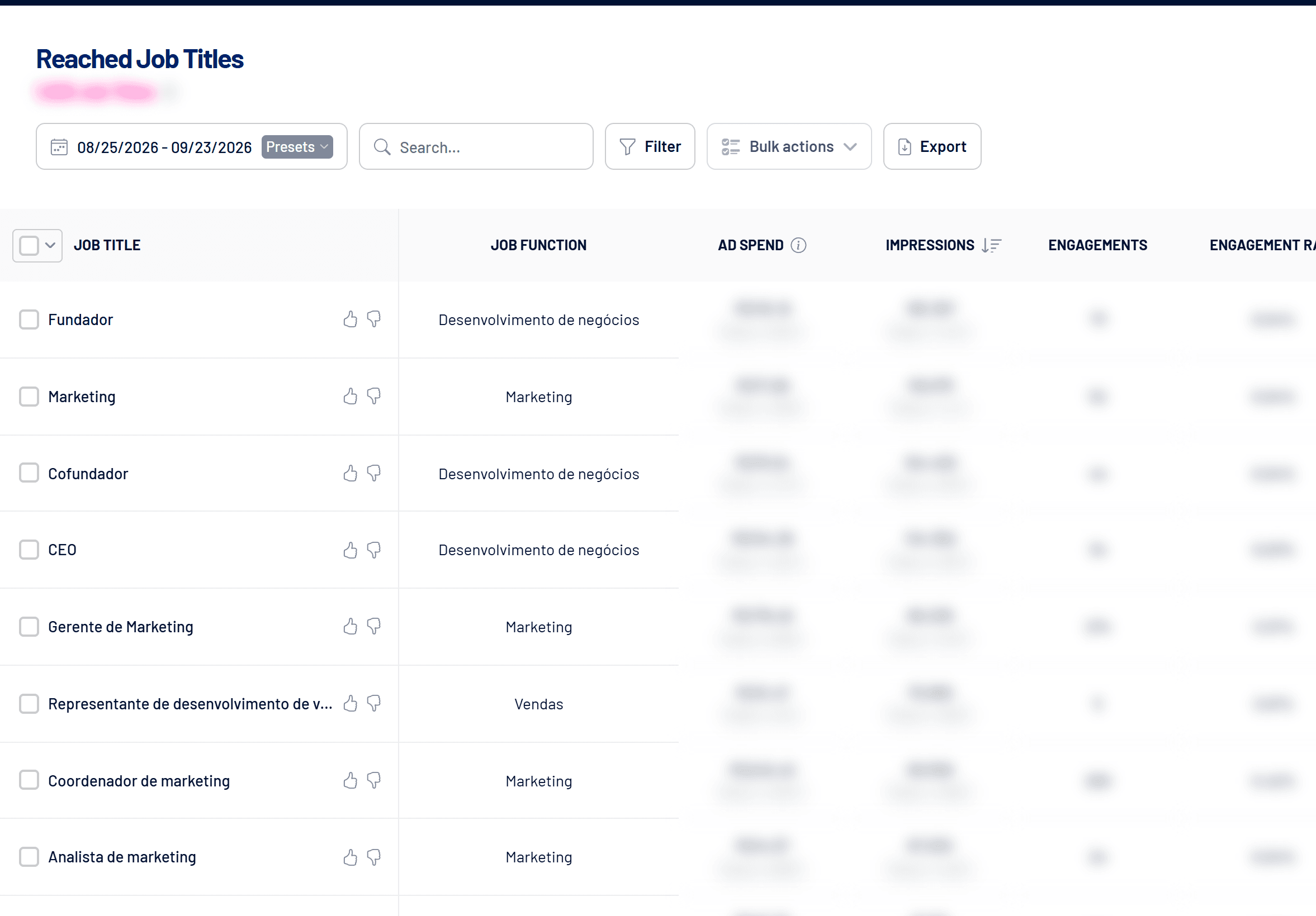Reached Job Titles screen with positive and negative ratings (values hidden)
