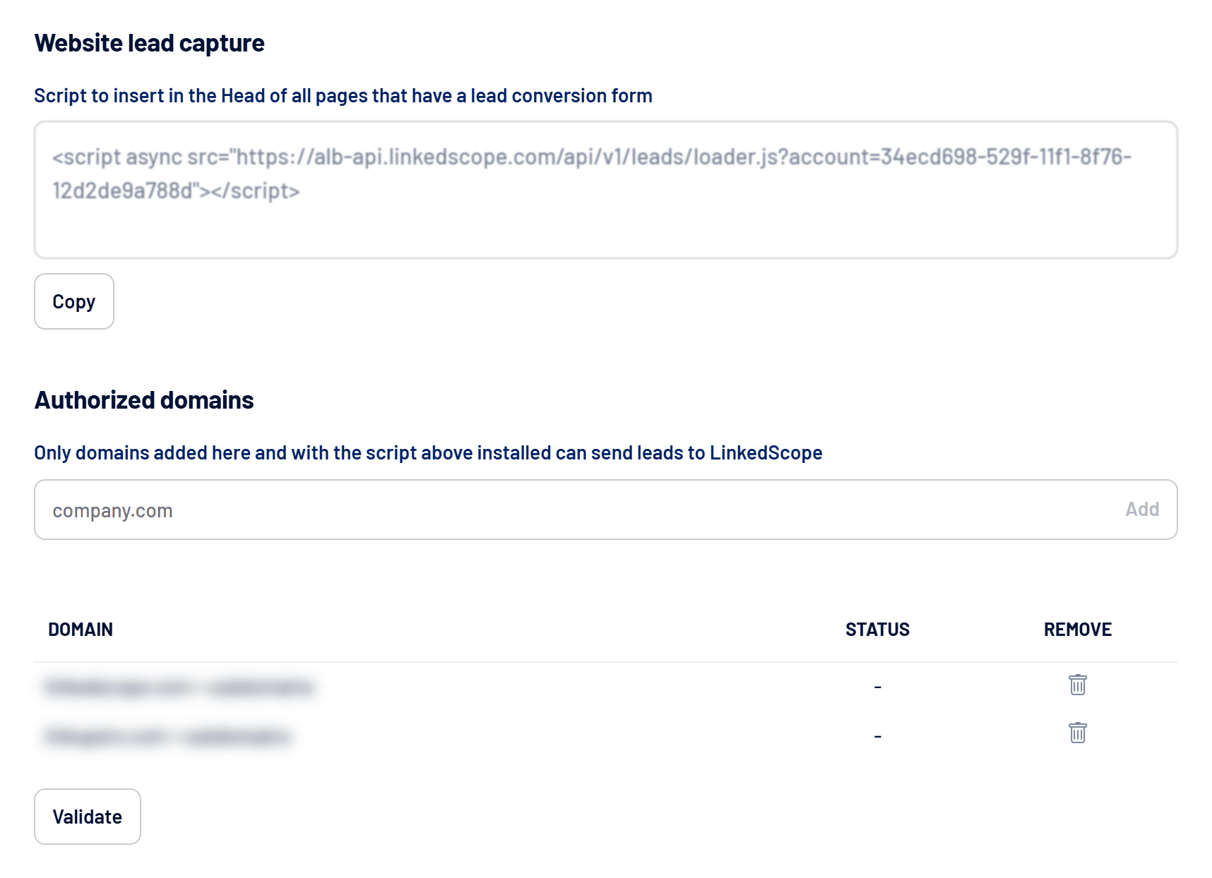Website lead capture section with the script and authorized domains