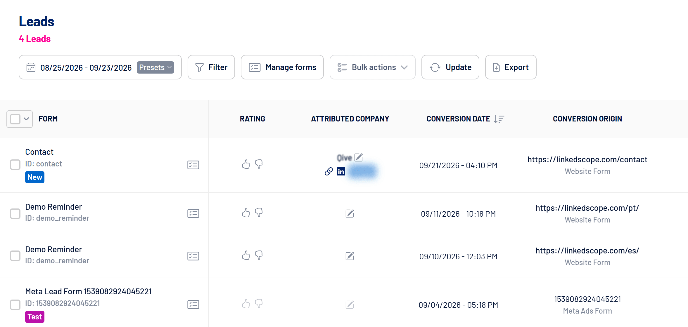 Leads screen with form, rating, assigned company and conversion location (companies hidden)