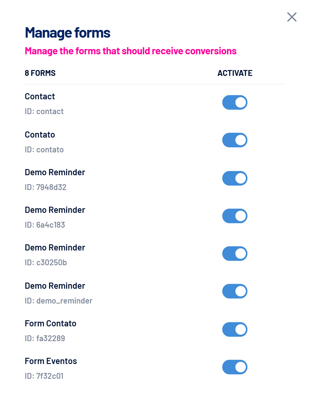 Manage forms window with each form's toggle