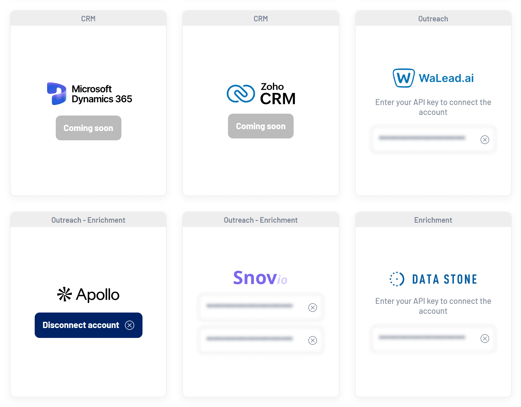 Outreach and enrichment cards in Settings > Integrations (keys hidden)
