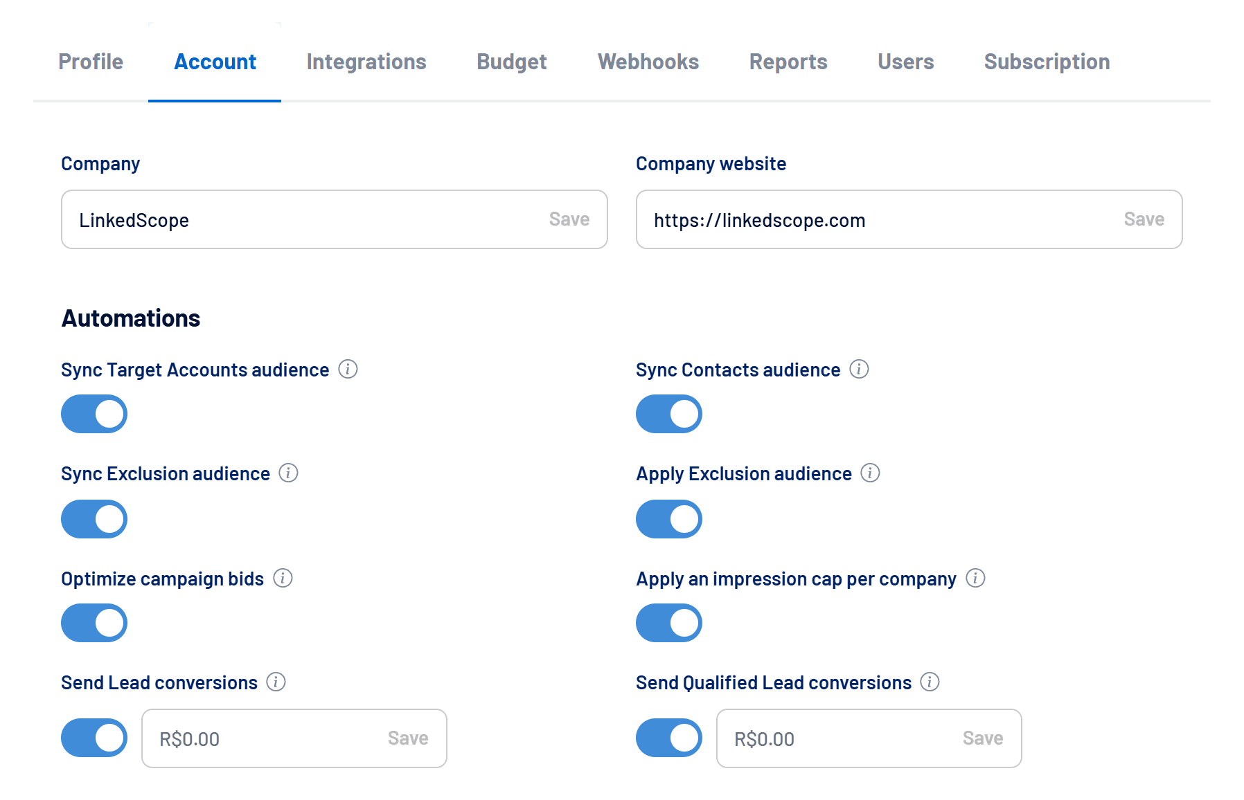 Account tab in Settings, with company, website and automations