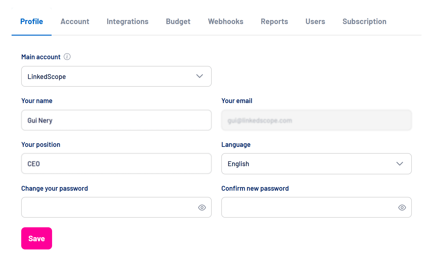 Profile tab in Settings