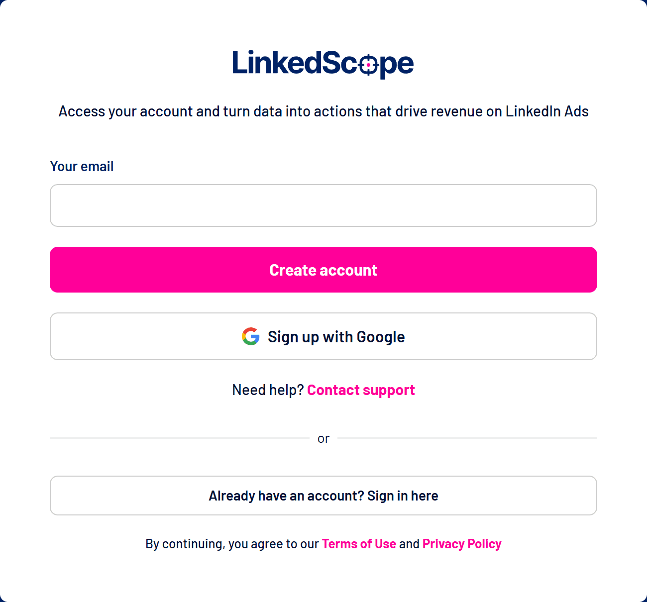 LinkedScope sign-up screen