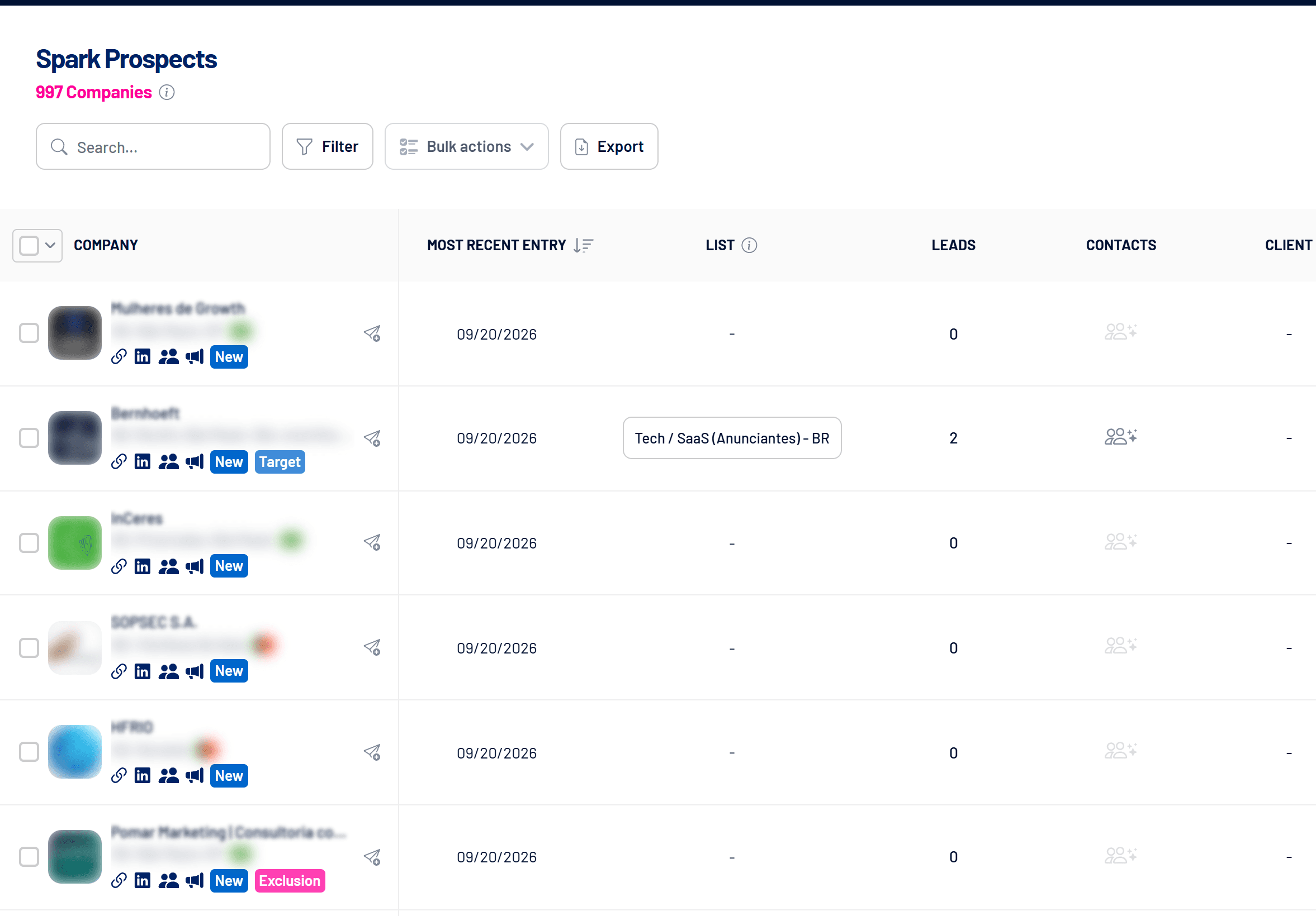 Spark Prospects screen with most recent entry and lists (names hidden)