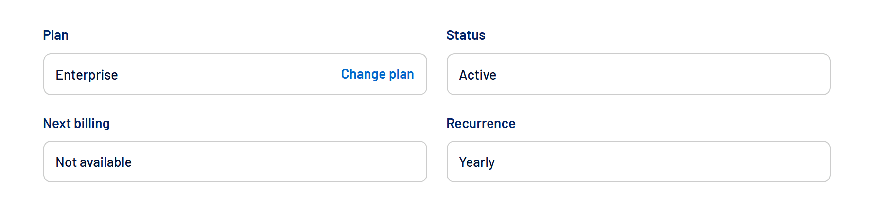Subscription tab with plan, status, next billing and recurrence