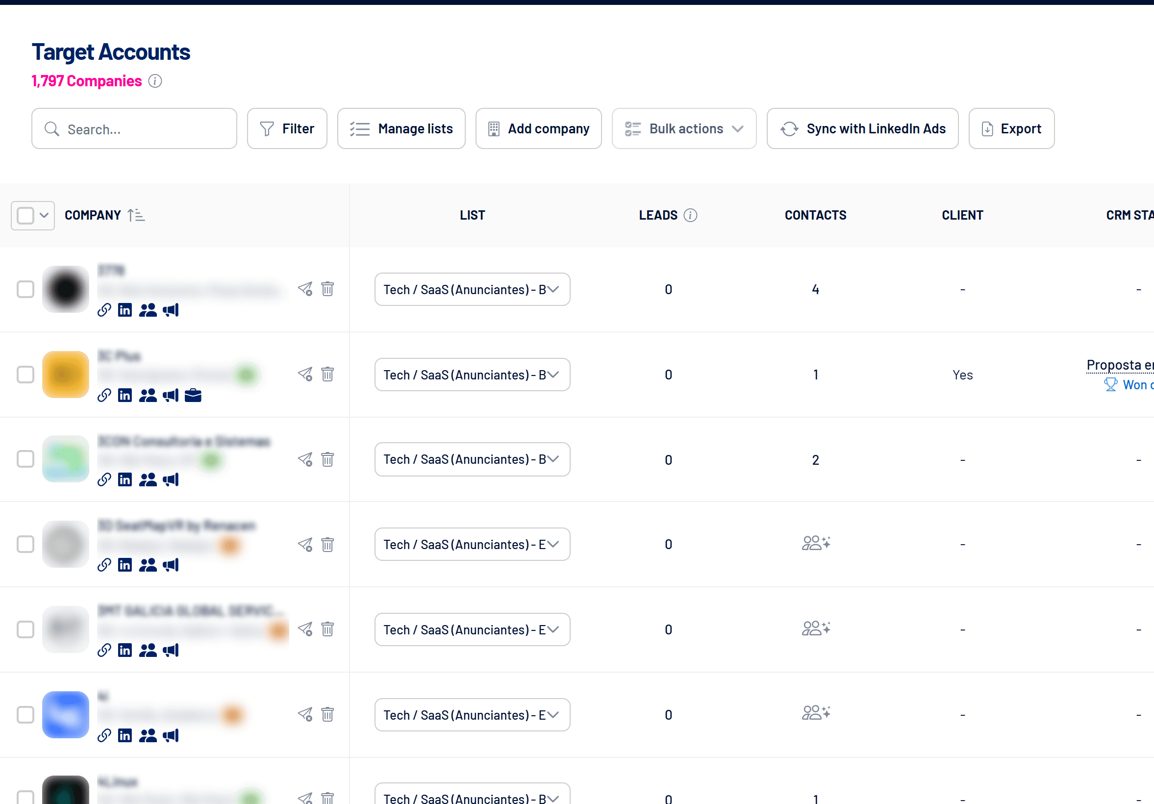 Target Accounts screen with lists, leads, contacts and CRM (names hidden)