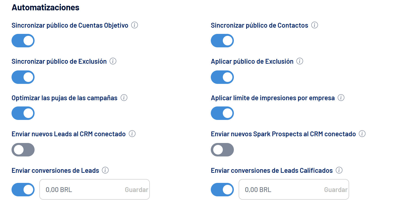 Sección Automatizaciones en Ajustes > Cuenta, con los interruptores de envío al CRM