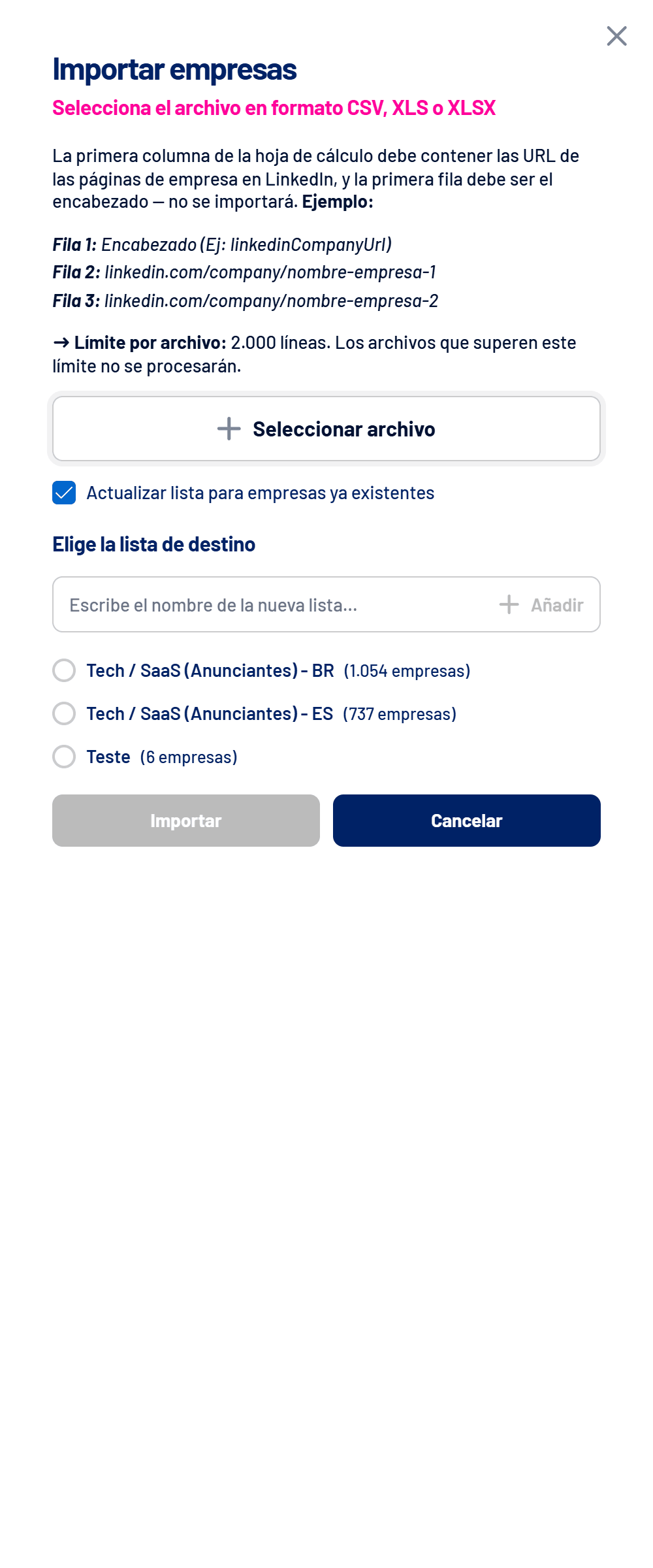 Ventana Importar empresas con el formato de la hoja de cálculo