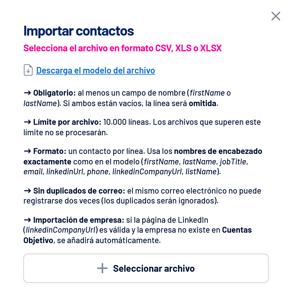 Ventana Importar contactos con las reglas del archivo