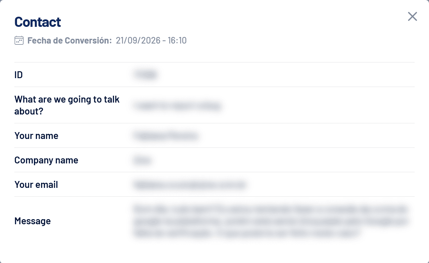 Ventana con los datos de conversión de un lead (respuestas ocultas)