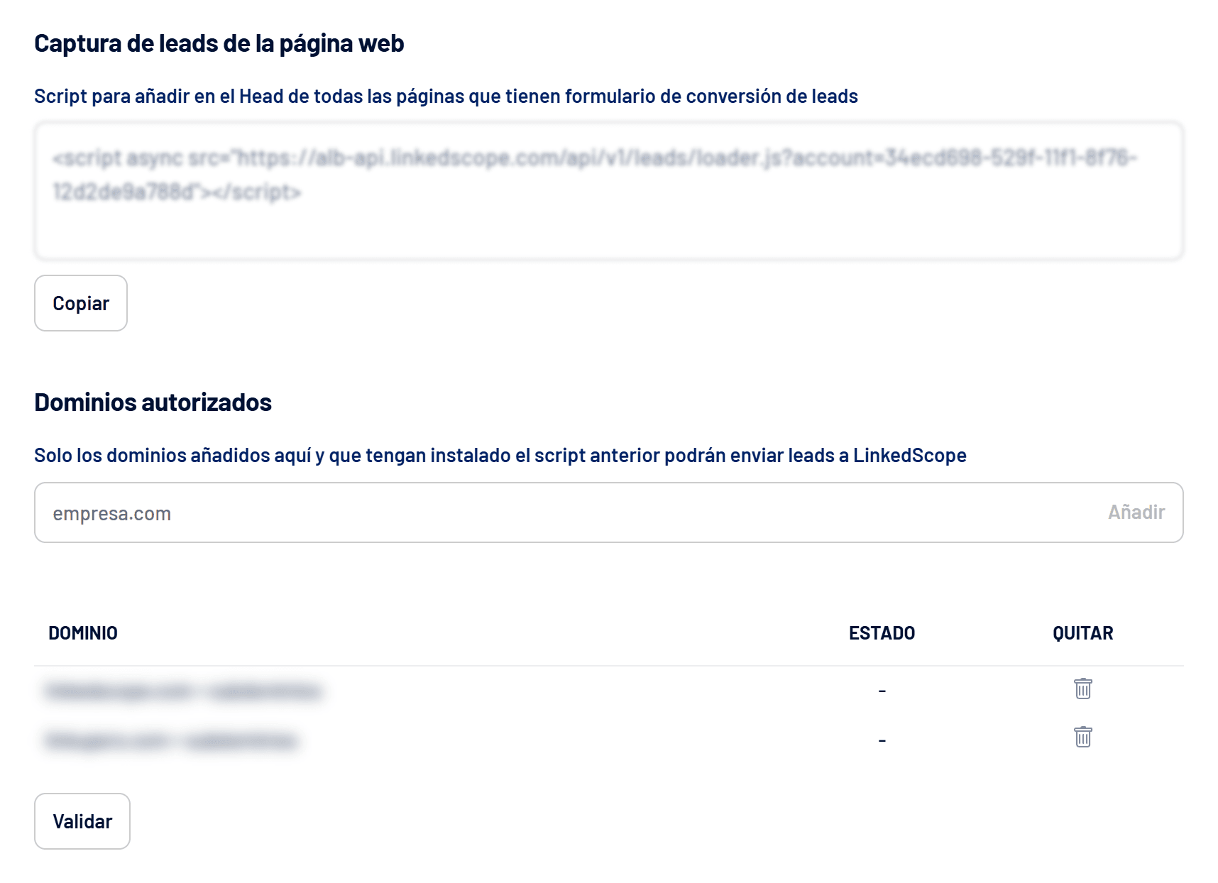 Sección Captura de leads de la página web con el script y los dominios autorizados