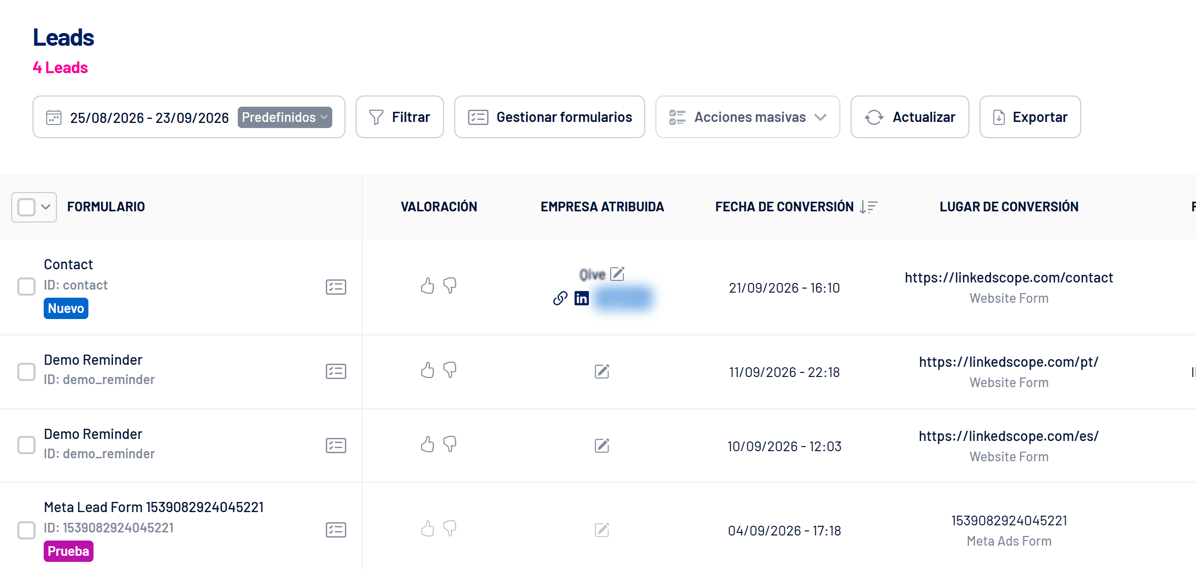 Pantalla Leads con formulario, valoración, empresa asignada y lugar de conversión (empresas ocultas)