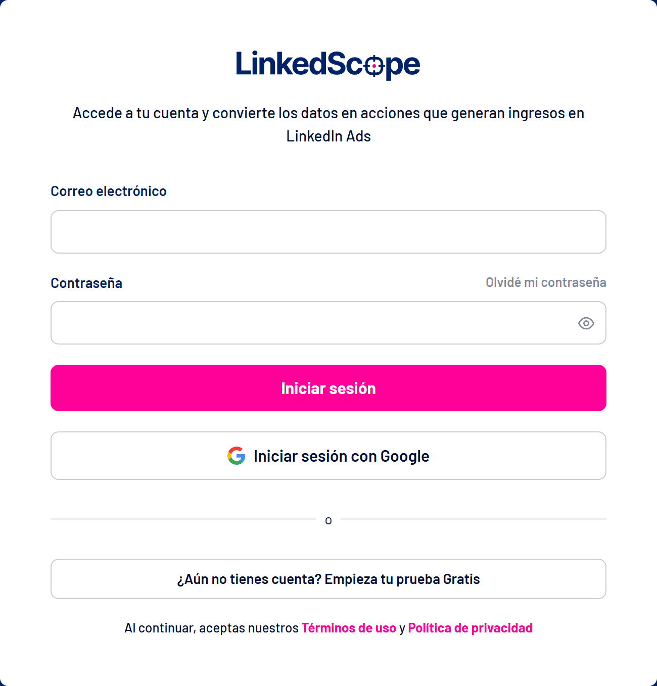 Pantalla de inicio de sesión de LinkedScope