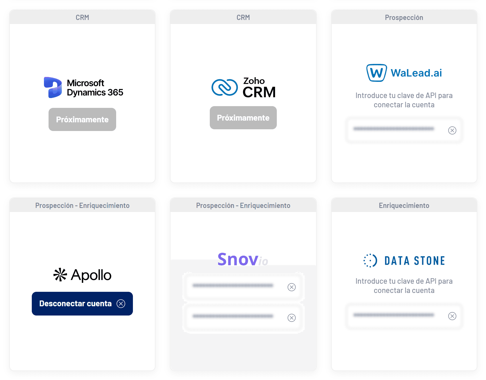 Tarjetas de prospección y enriquecimiento en Ajustes > Integraciones (claves ocultas)