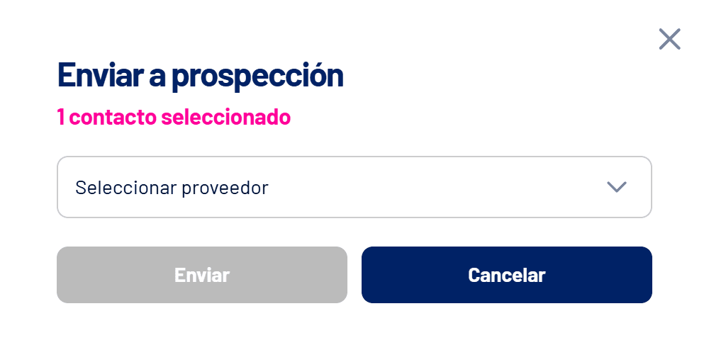 Ventana Enviar a prospección con la elección del proveedor