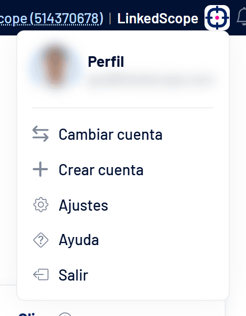Menú del perfil en la esquina superior derecha