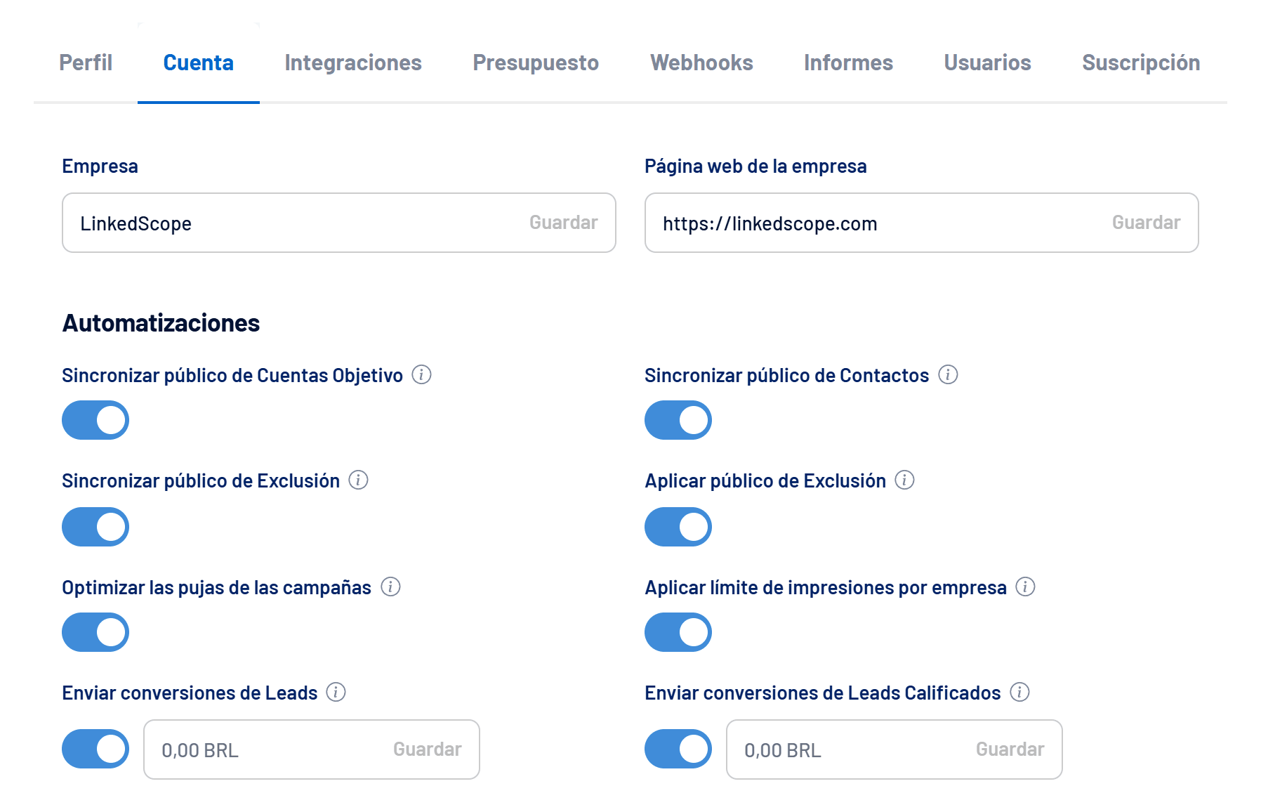 Pestaña Cuenta en Ajustes, con empresa, sitio web y automatizaciones