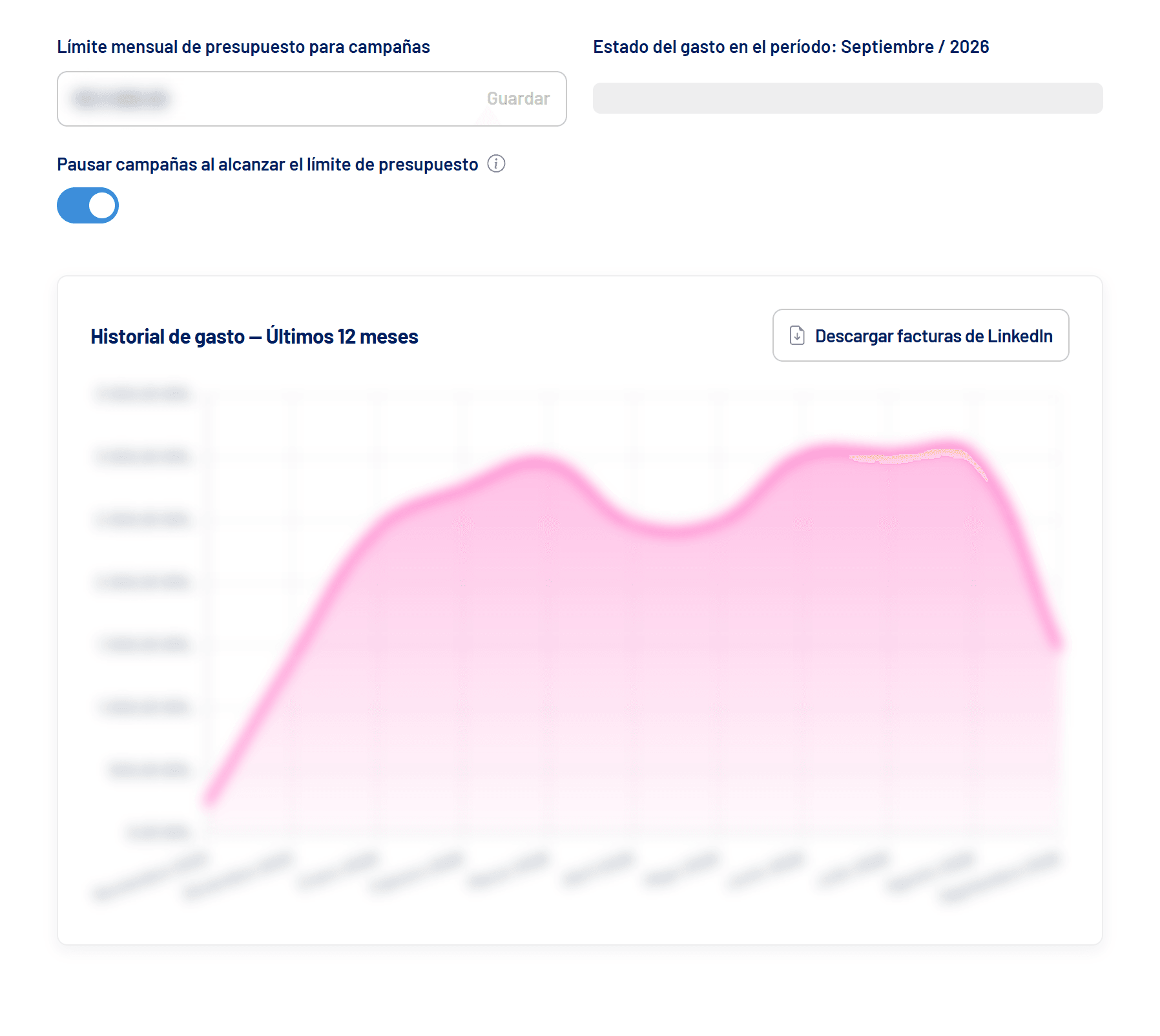 Pestaña Presupuesto con límite mensual, pausa automática e historial de gasto (valores ocultos)
