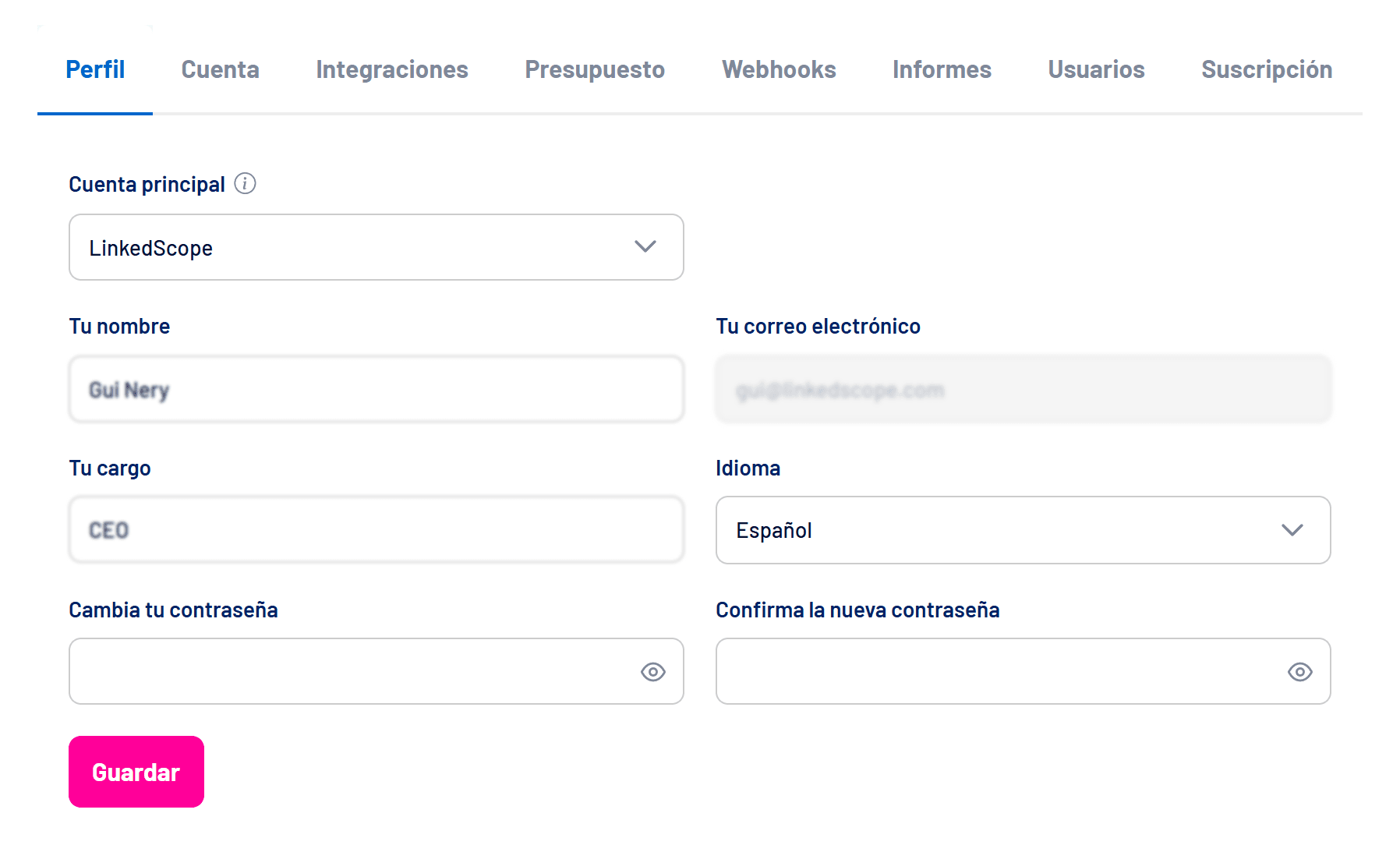 Pestaña Perfil en Ajustes