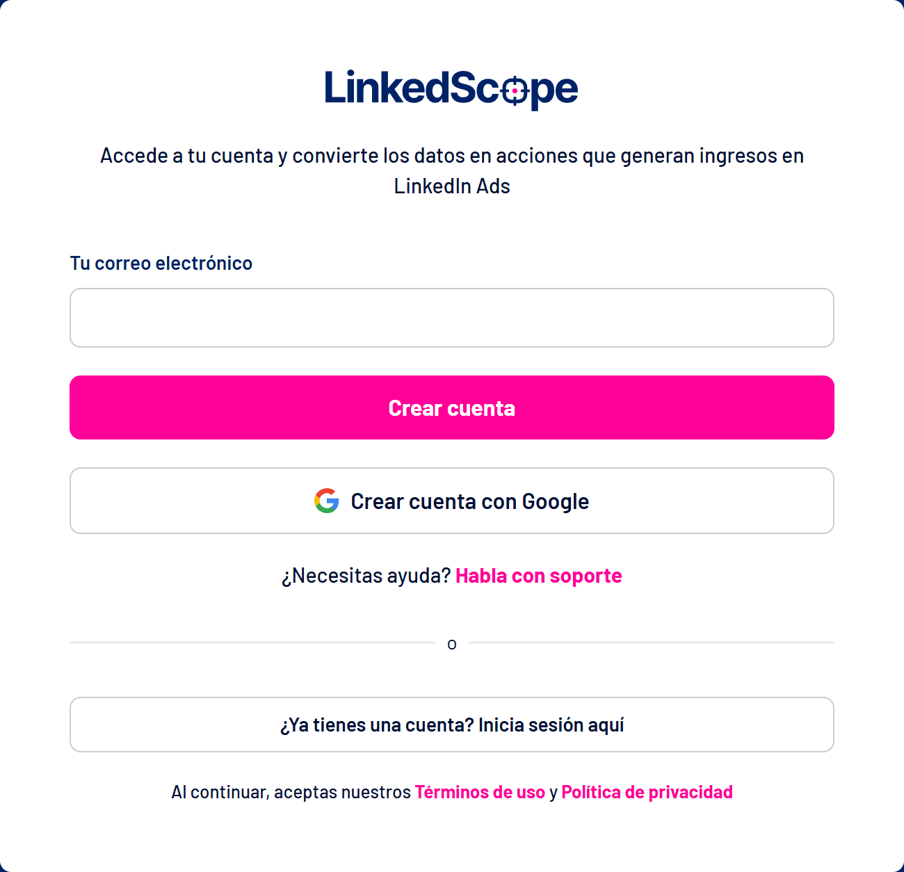 Pantalla de creación de cuenta de LinkedScope