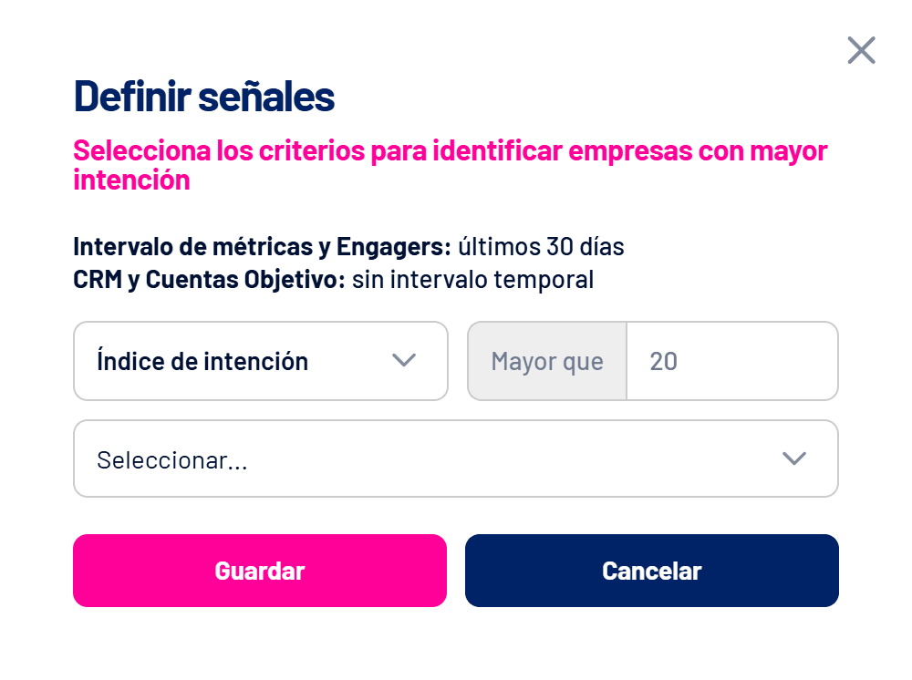 Ventana Definir señales de Spark Prospects con la señal por defecto Índice de intención mayor que 20
