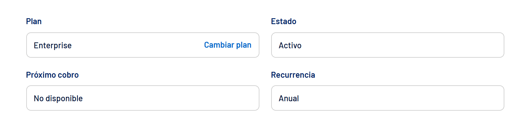 Pestaña Suscripción con plan, estado, próximo cobro y recurrencia