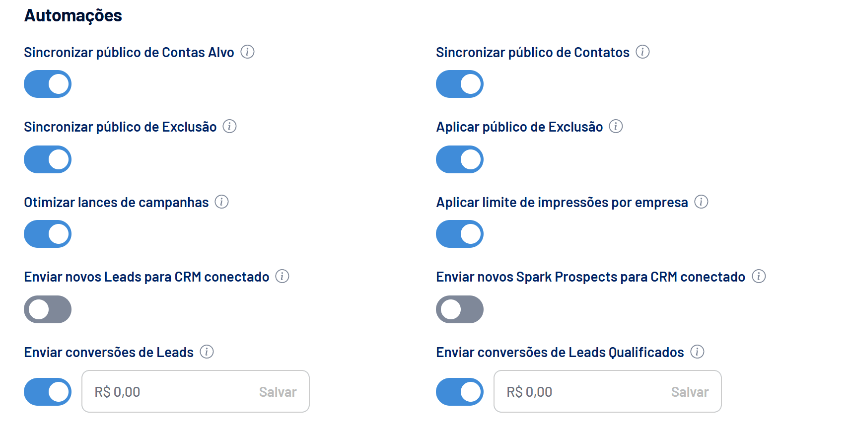 Seção Automações em Configurações > Conta, com as chaves de envio ao CRM