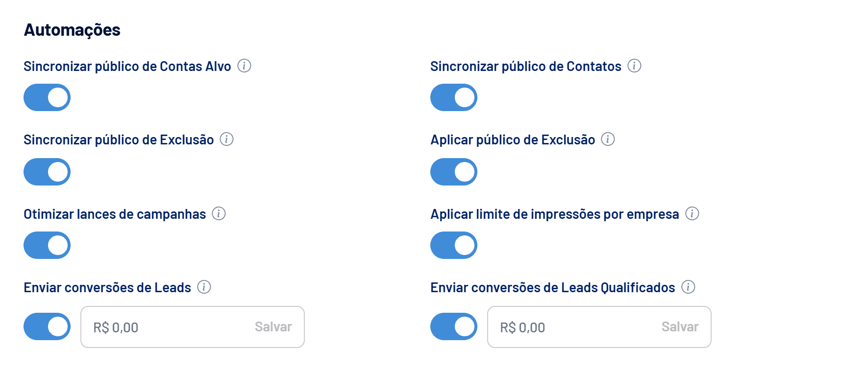 Seção Automações em Configurações > Conta