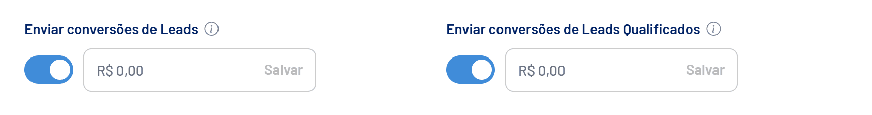 Chaves de envio de conversões de Leads e Leads Qualificados com o valor padrão