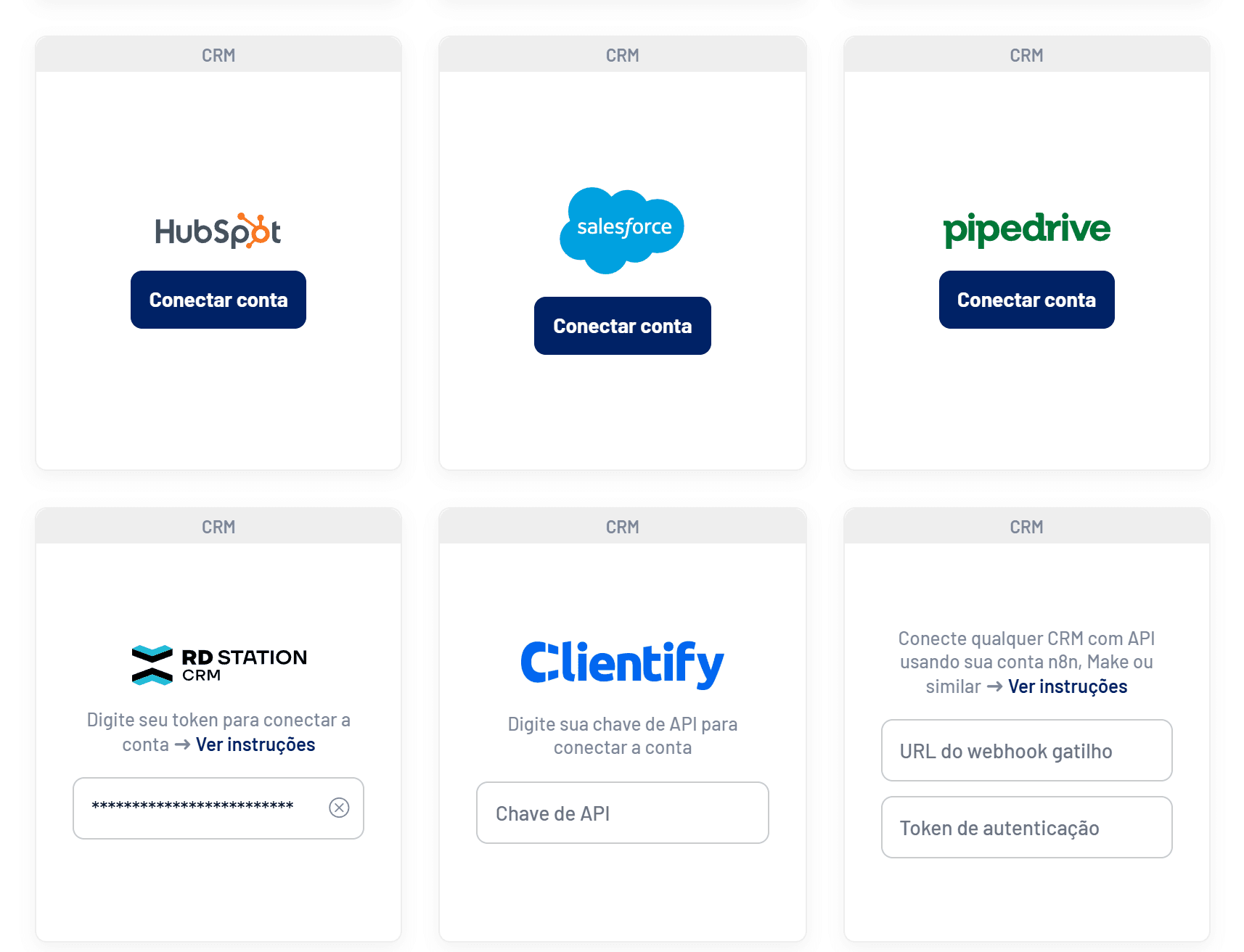Cards de CRM na aba Integrações do LinkedScope