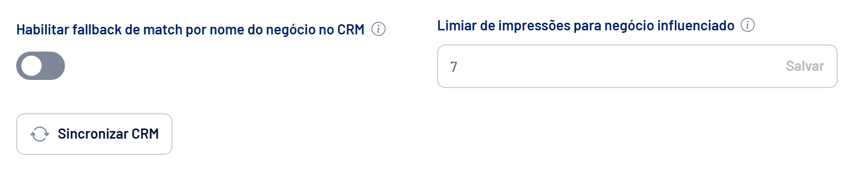 Opções de CRM: fallback por nome do negócio, limiar de impressões e Sincronizar CRM