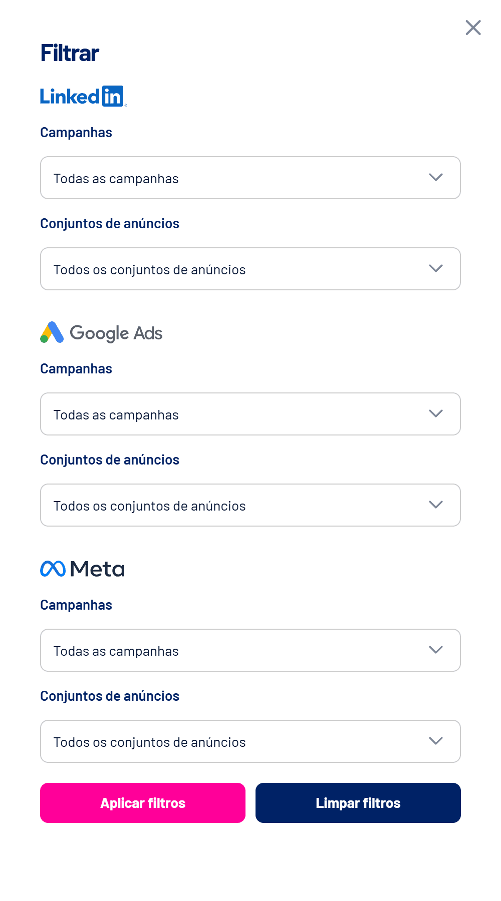 Painel Filtrar do Dashboard com campanhas e conjuntos por rede