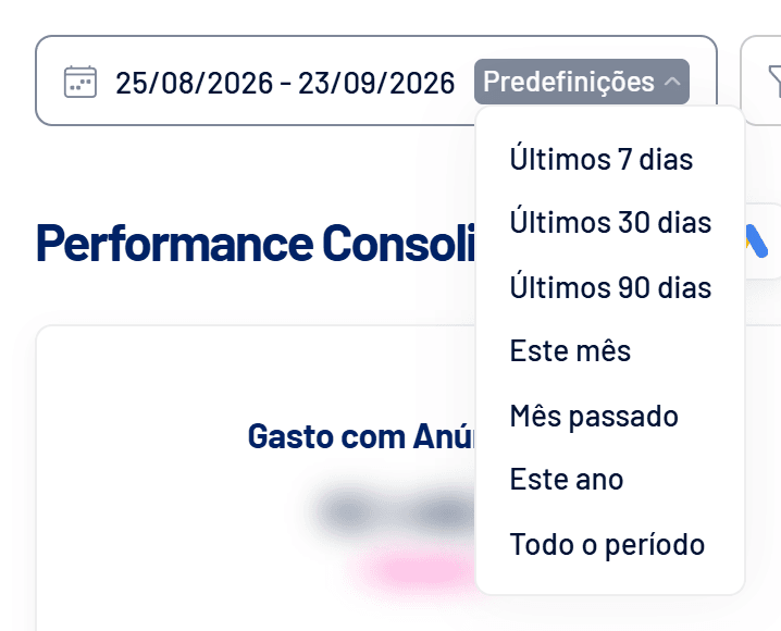 Seletor de período com as predefinições