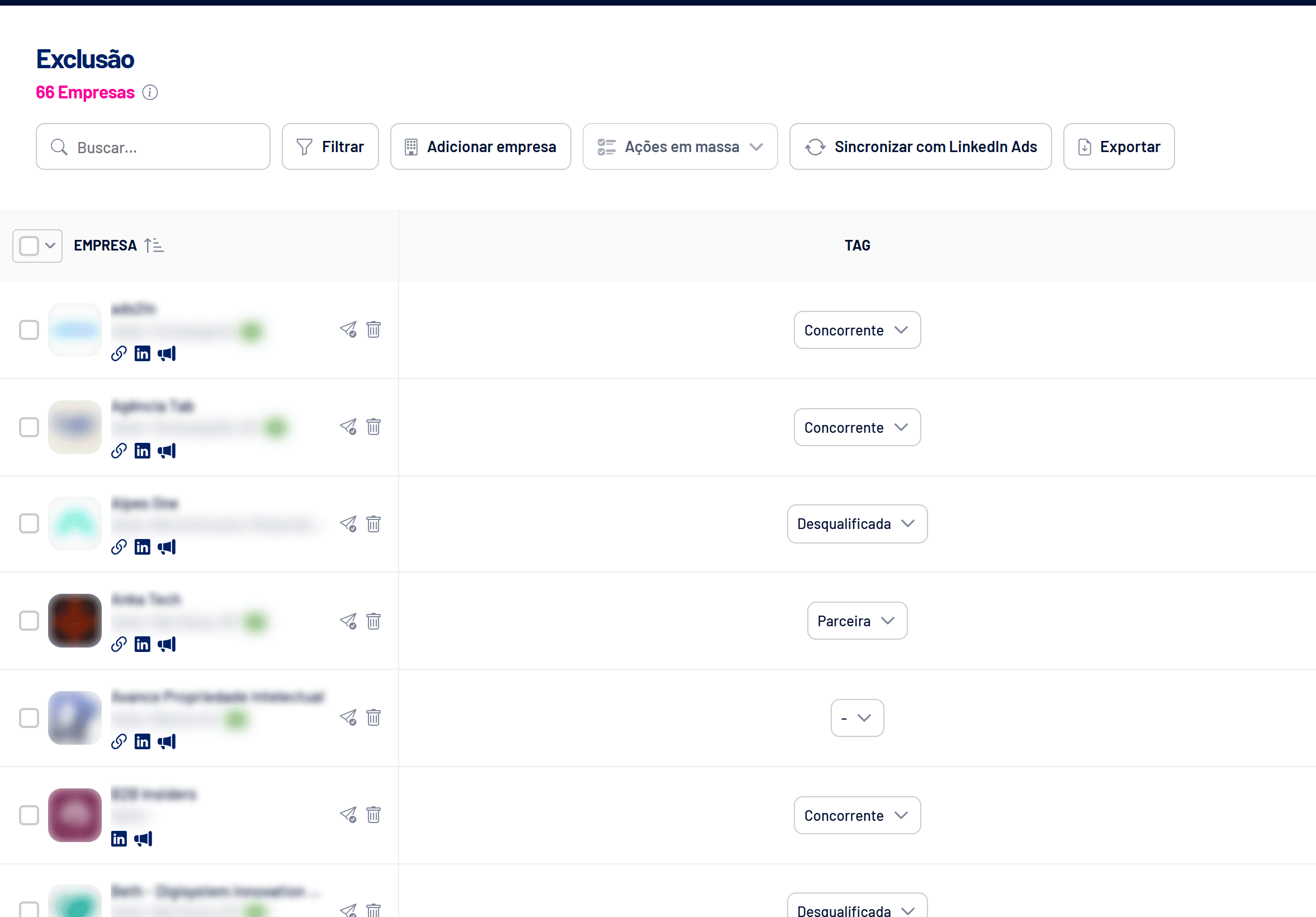 Tela Exclusão com as tags de cada empresa (nomes ocultos)